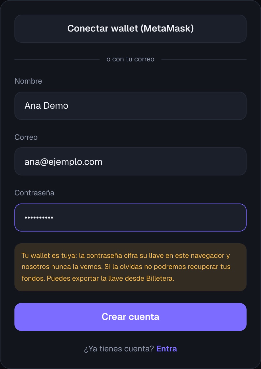 Formulario para crear cuenta con correo o con MetaMask