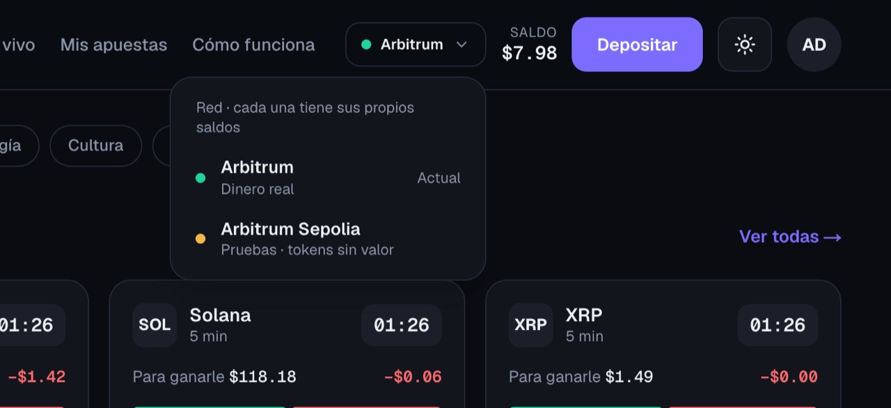 Selector de red: Arbitrum (dinero real) o Arbitrum Sepolia (pruebas)